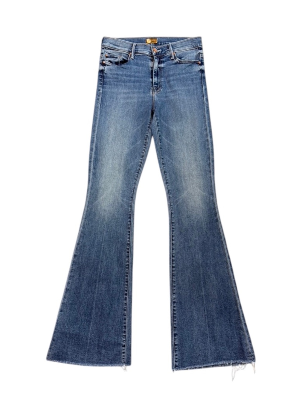 MOTHER The Weekender Fray Walking On Coals Flare Jeans Blue Size 26